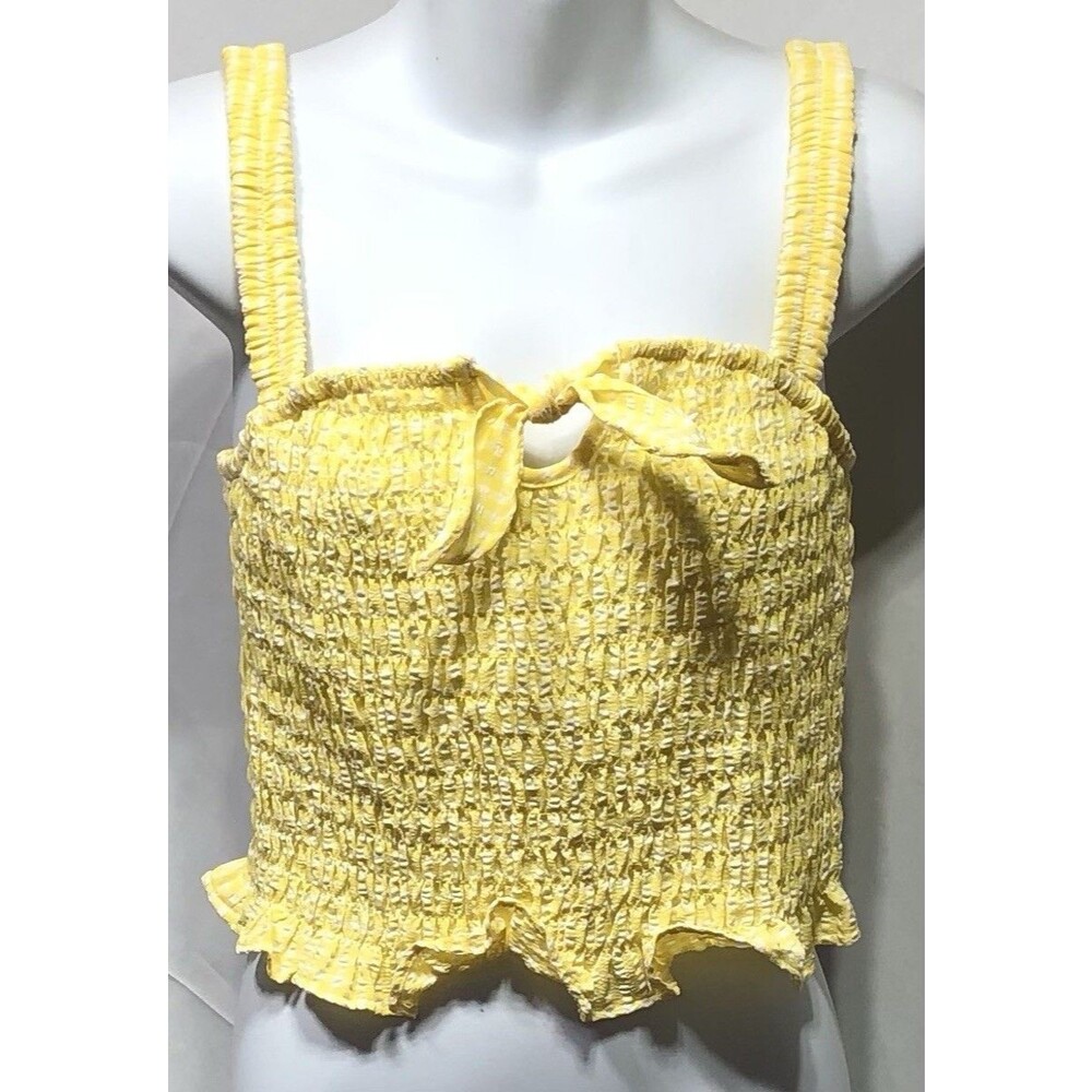 Sienna Sky sleeveless halter tank top M yellow white smocked Tie keyhole ruffle